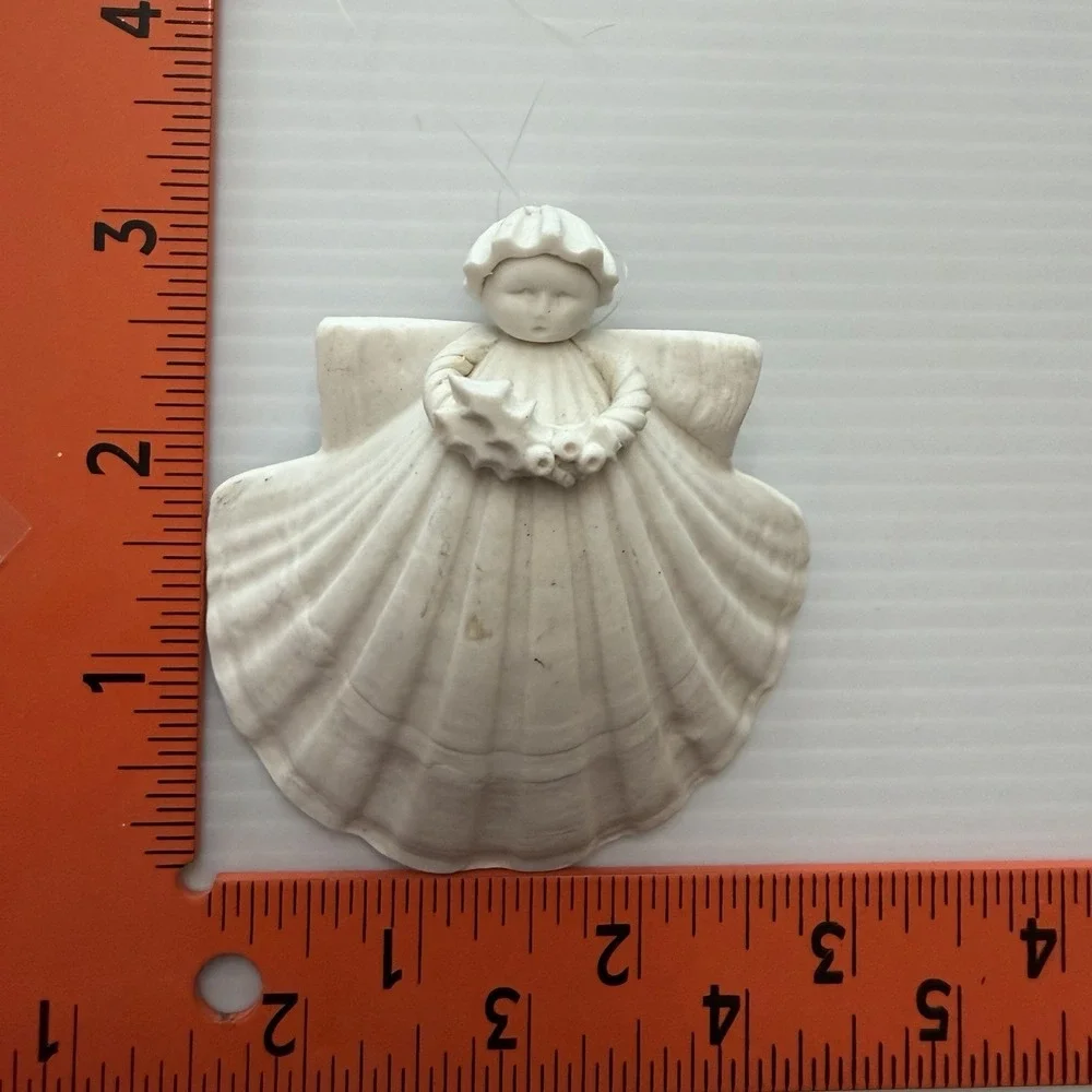 Vintage Margaret Furlong Bisque Ceramic Shell Angel Christmas Ornament Holly